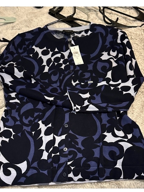 Ann Taylor Sweaters - Ann Taylor Navy & Cobalt Abstract Floral Cardigan